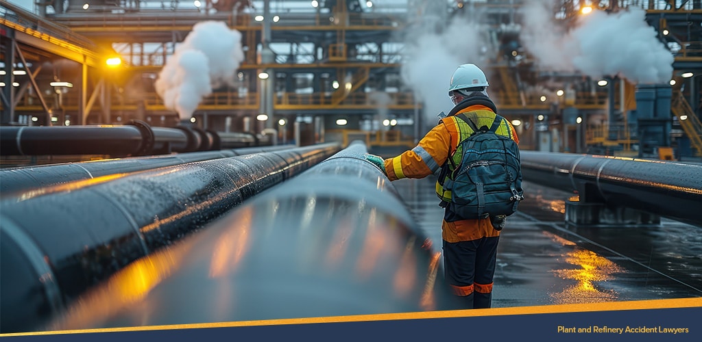 Man walking in refinery, Plant and Refinery Accident Lawyers