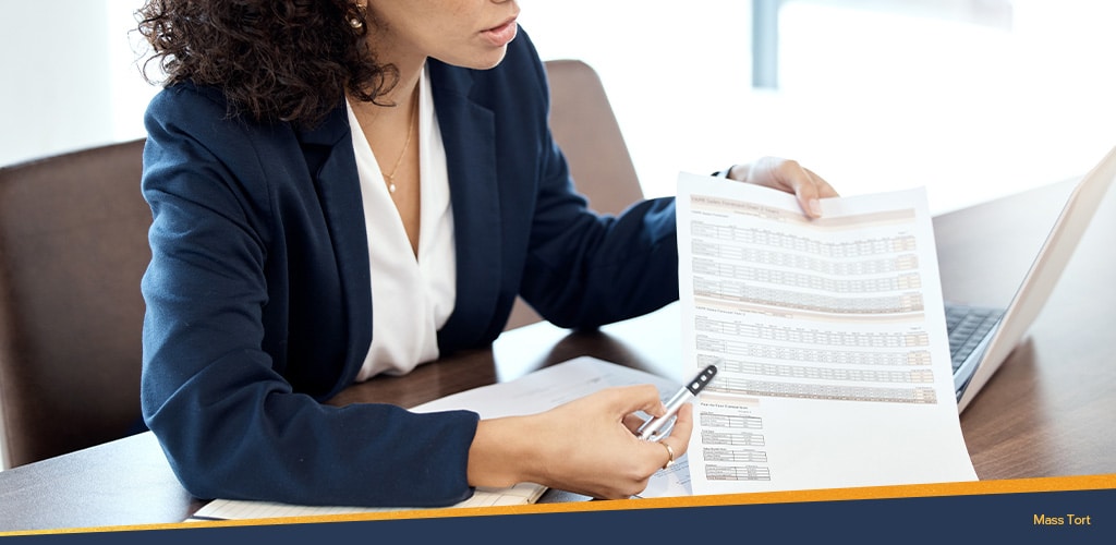 Mass Tort, Woman reading legal document.